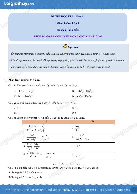 Đề thi học kì 1 Toán 8 - Đề số 1 - Cánh diều